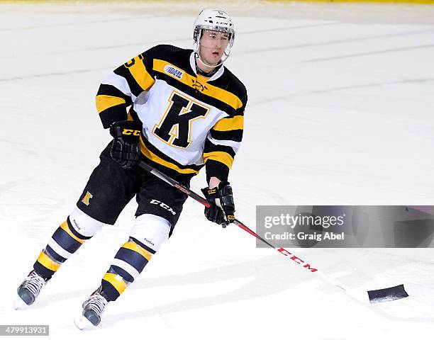 Mikko Valnonen of the Kingston Frontenacs skates up ice against the Mississauga Steelheads during game action on March 16, 2014 at the Hershey Centre...