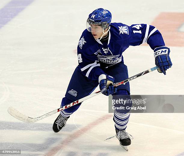 Nathan Bastian of the Mississauga Steelheads skates up ice against the Kingston Frontenacs during game action on March 16, 2014 at the Hershey Centre...