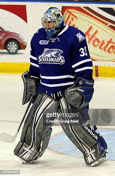 Chase Marchand of the Mississauga Steelheads takes warmup prior to a game against the Kingston Frontenacs on March 16, 2014 at the Hershey Centre in...