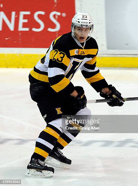 Henri Ikonen of the Kingston Frontenacs takes warmup prior to a game against the Mississauga Steelheads on March 16, 2014 at the Hershey Centre in...