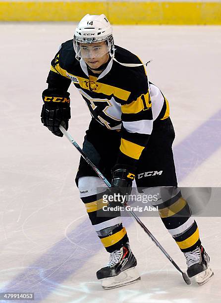 Loren Ulett of the Kingston Frontenacs Loren Ulett takes warmup prior to a game against the Mississauga Steelheads on March 16, 2014 at the Hershey...