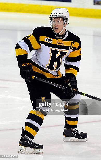 Michael Moffat of the Kingston Frontenacs takes warmup prior to a game against the Mississauga Steelheads on March 16, 2014 at the Hershey Centre in...