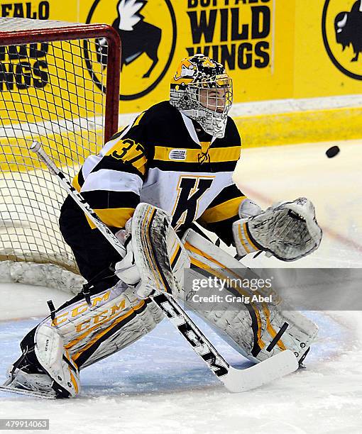 Matt Mahalak of the Kingston Frontenacs takes warmup prior to a game against the Mississauga Steelheads on March 16, 2014 at the Hershey Centre in...