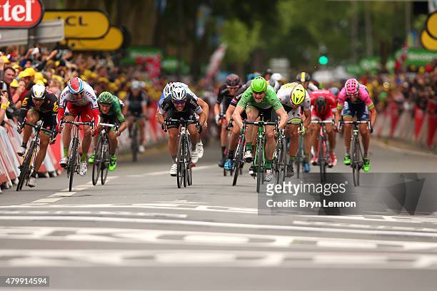 Mark Cavendish of Great Britain and Etixx-Quick Step and Andre Greipel of Germany and Lotto-Soudal lead the sprint for the finish line during stage...