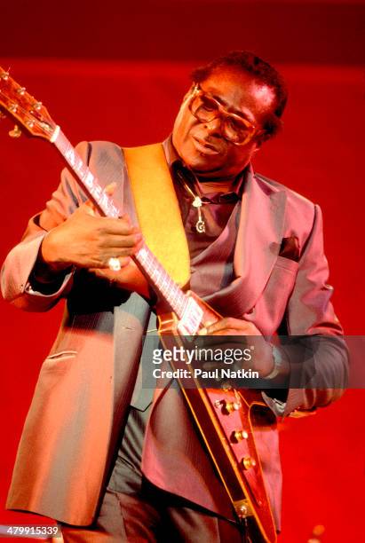 Blues musician Albert King performs onstage, Chicago, Illinois, June 6, 1986.