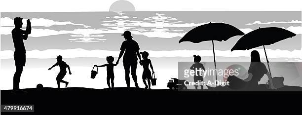 beach silhouettes at dusk - parasol stock illustrations