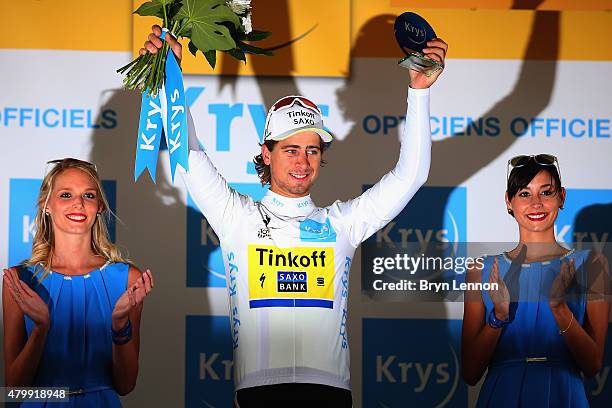 Peter Sagan of Slovakia and Tinkoff-Saxo celebrates retaining the white jersey following stage five of the 2015 Tour de France, a 189.5km stage...