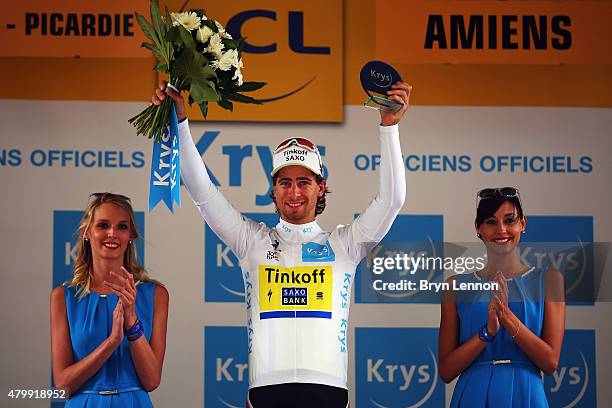 Peter Sagan of Slovakia and Tinkoff-Saxo celebrates retaining the white jersey following stage five of the 2015 Tour de France, a 189.5km stage...