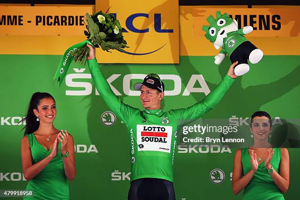 Andre Greipel of Germany and Lotto-Soudal retains the green jersey following his victory during stage five of the 2015 Tour de France, a 189.5km...