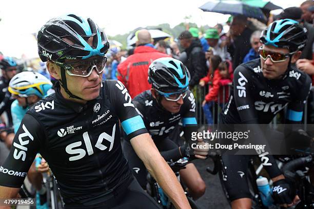 Chris Froome of Great Britain riding for Team Sky, Ian Stannard of Great Britain riding for Team Sky and Luke Rowe of Great Britain riding for Team...