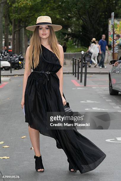 Kristina Bazan arrives to attend the Viktor&Rolf show as part of Paris Fashion Week Haute Couture Fall/Winter 2015/2016 on July 8, 2015 in Paris,...