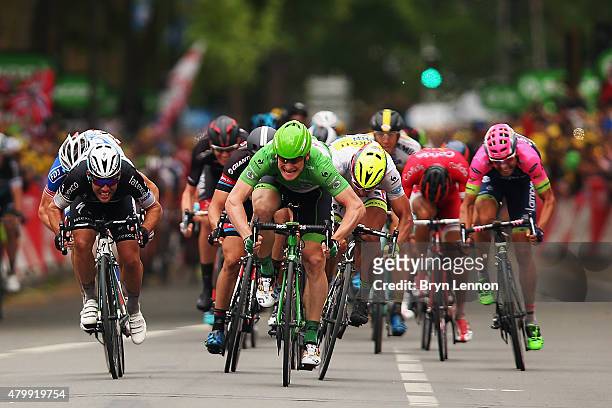 Mark Cavendish of Great Britain and Etixx-Quick Step and Andre Greipel of Germany and Lotto-Soudal lead the sprint for the finish line during stage...