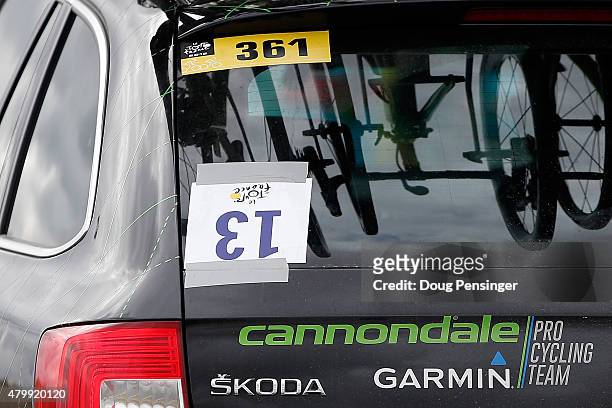 The team car of Cannondale-Garmin displays its team placement of 13 inverted during stage five of the 2015 Tour de France from Arras to Amiens...