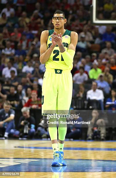 Isaiah Austin of the Baylor Bears reacts after a play in the second half against the Nebraska Cornhuskers during the second round of the 2014 NCAA...