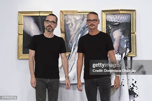 Designers Viktor Horsting and Rolf Snoeren at the end of the Viktor&Rolf show as part of Paris Fashion Week Haute Couture Fall/Winter 2015/2016 on...