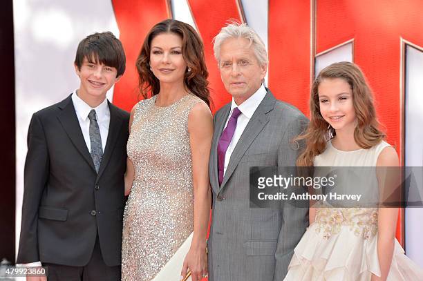 Catherine Zeta Jones and actor Michael Douglas with their children Dylan and Carys as they attend the European Premiere of Marvel's "Ant-Man" at the...