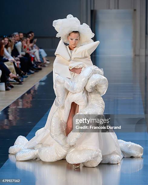 Model walks the runway during the Maison Margiela show as part of Paris Fashion Week Haute Couture Fall/Winter 2015/2016 on July 8, 2015 in Paris,...