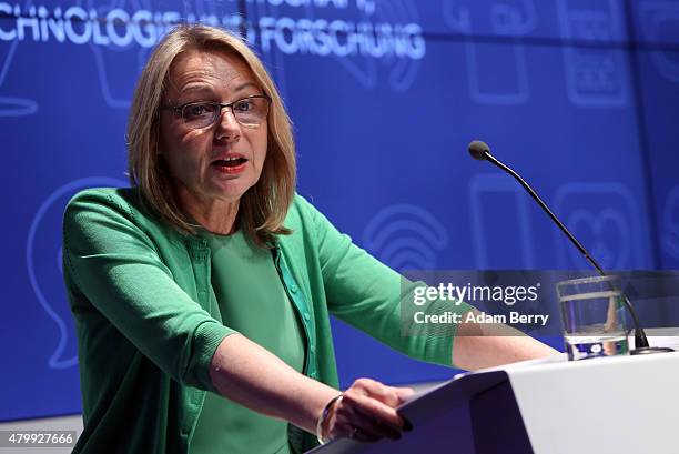 Cornelia Yzer, Berlin's senator for business, speaks at the Microsoft Wearable IT Fashion Tech Award during Mercedes-Benz Fashion Week Berlin...