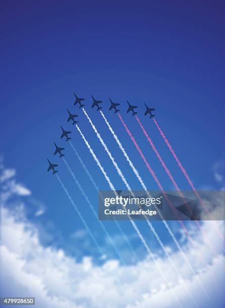 bastille day background [ air show und schwalbenschwanz contrails ] - air force stock-grafiken, -clipart, -cartoons und -symbole