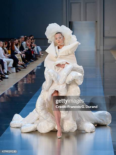 Model walks the runway during the Maison Margiela show as part of Paris Fashion Week Haute Couture Fall/Winter 2015/2016 on July 8, 2015 in Paris,...