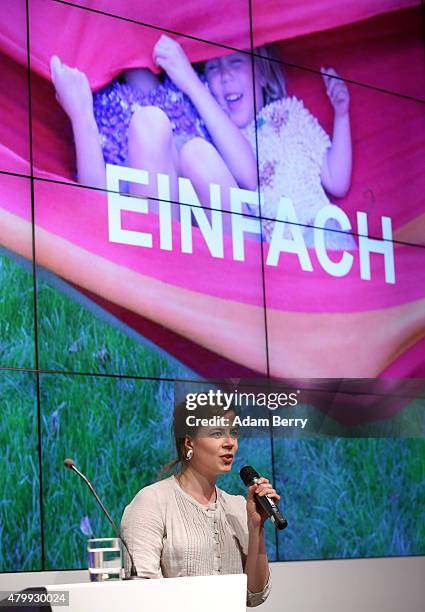 Katharina Bredies speaks about the Emergency Apparel Jacket at the Microsoft Wearable IT Fashion Tech Award during Mercedes-Benz Fashion Week Berlin...