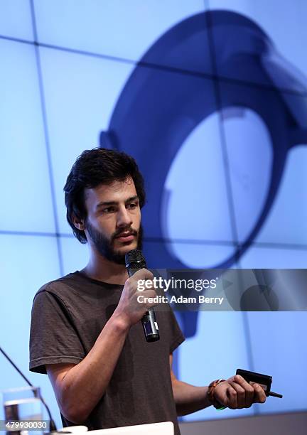 Kevin Roehl speaks about the Lumind diabetes assistant hardware at the Microsoft Wearable IT Fashion Tech Award during Mercedes-Benz Fashion Week...