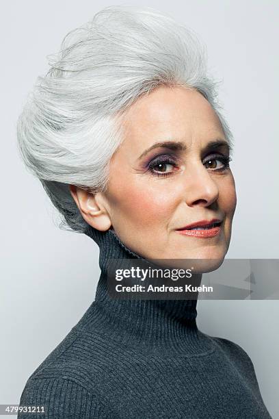 grey haired woman with updo, portrait. - pullover mit stehkragen stock-fotos und bilder