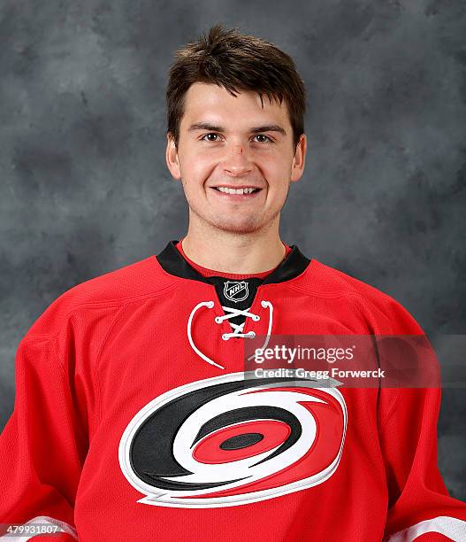 Andrei Loktionov of the Carolina Hurricanes poses for the team headshot prior to their NHL game against the New York Rangers at PNC Arena on March...