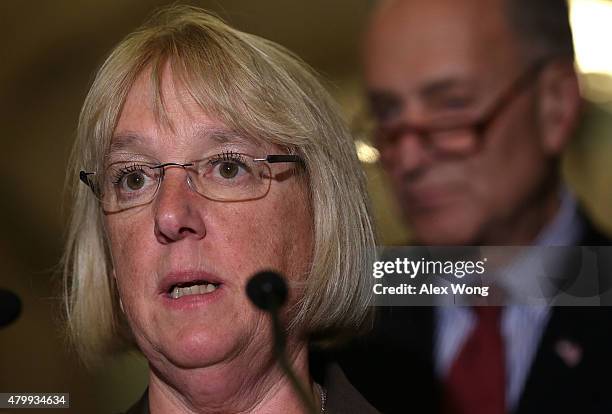 Sen. Patty Murray speaks as Sen. Charles Schumer listens during a news briefing July 8, 2015 at the U.S. Capitol in Washington, DC. Senate Democrats...