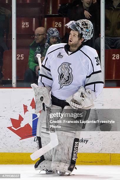 Anthony Brodeur of the Gatineau Olympiques looks on as he skates back to his net during a stoppage of play against the Sherbrooke Phoenix during the...