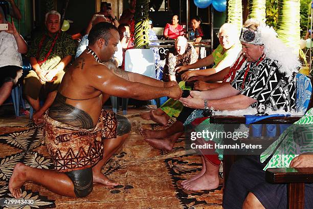 New Zealand All Blacks Head Coach Steve Hansen is presented kava during a ceremony making him a Honorary High Chief Of Vaiala on July 9, 2015 in...