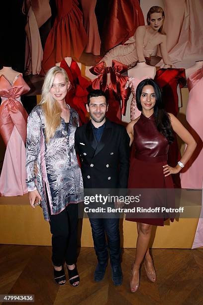 Model Tanya Dziahileva, Fashion Designer Alexis Mabille and Actress Mallika Sherawat attend the Presentation of the Alexis Mabille Haute Couture...