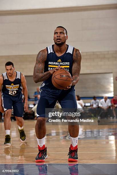 Romero Osby of the Indiana Pacers prepares to shoot a free throw on July 8, 2015 at Amway Center in Orlando, Florida. NOTE TO USER: User expressly...