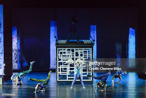 Members of Red Bull Flying Illusion perform during the Premiere at Tempodrom on March 21, 2014 in Berlin, Germany.