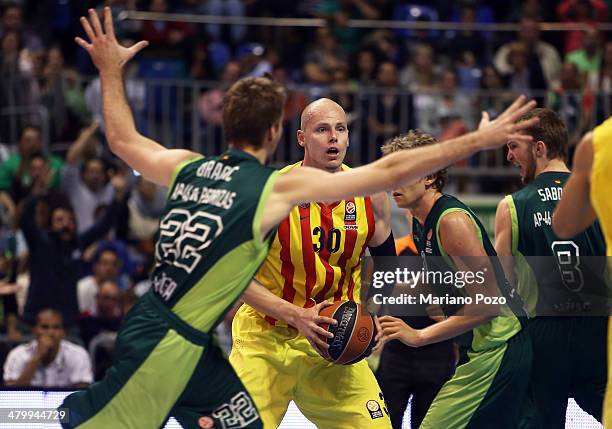 Maciej Lampe, #30 of FC Barcelona in action during the 2013-2014 Turkish Airlines Euroleague Top 16 Date 11 game between Unicaja Malaga v FC...