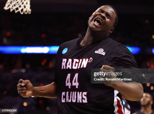 Davenport of the Louisiana Lafayette Ragin Cajuns reacts after a play in the second half against the Creighton Bluejays during the second round of...