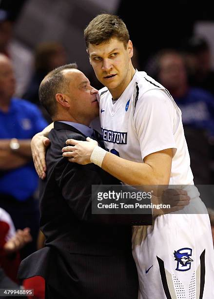 Grant Gibbs of the Creighton Bluejays exits the game in the second half against the Louisiana Lafayette Ragin Cajuns during the second round of the...