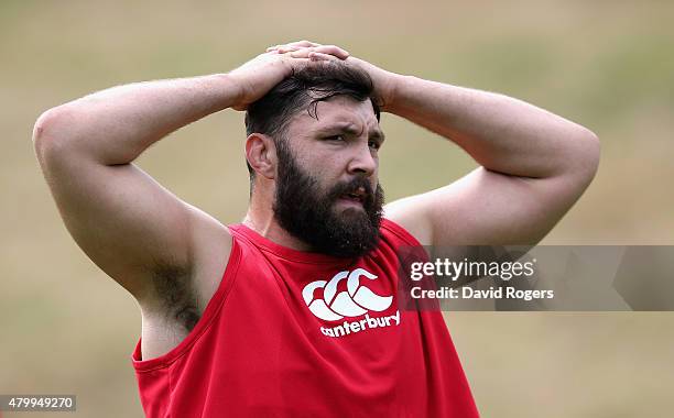 Alex Corbisiero looks on during the England training session held at Pennyhill Park on July 8, 2015 in Bagshot, England.