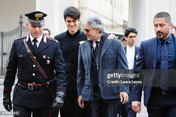 Italian singer Andrea Bocelli and his sons Matteo arrive at Sanctuary of Madonna di Montenero for his wedding with Veronica Berti on March 21, 2014...