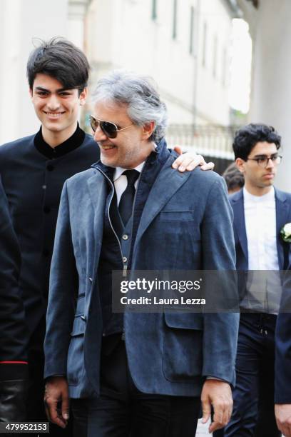 Italian singer Andrea Bocelli and his sons Matteo and Amos Bocelli arrive at Sanctuary of Madonna di Montenero for his wedding with Veronica Berti on...