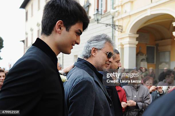 Italian singer Andrea Bocelli and his son Matteo Bocelli arrive at Sanctuary of Madonna di Montenero for his wedding with Veronica Berti on March 21,...