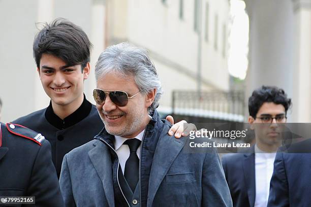Italian singer Andrea Bocelli and his sons Matteo and Amos Bocelli arrive at Sanctuary of Madonna di Montenero for his wedding with Veronica Berti on...