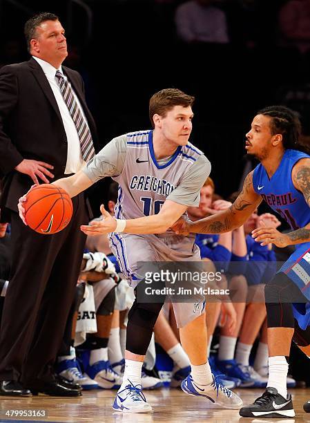 Grant Gibbs of the Creighton Bluejays in action against the DePaul Blue Demons during the quarterfinals of the Big East Basketball Tournament at...