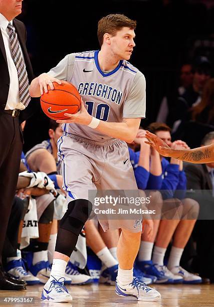 Grant Gibbs of the Creighton Bluejays in action against the DePaul Blue Demons during the quarterfinals of the Big East Basketball Tournament at...