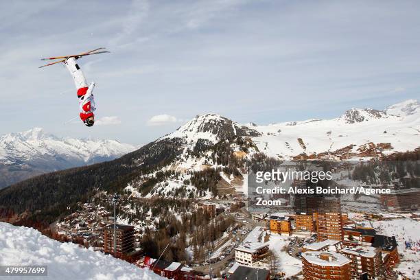 Alex Bilodeau of Canada takes first place during the FIS Freestyle Ski World Cup Men's and Women's Dual Moguls on March 21, 2014 in La Plagne, France.