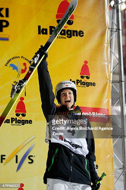 Maxime Dufour-Lapointe of Canada takes 3rd place during the FIS Freestyle Ski World Cup Men's and Women's Dual Moguls on March 21, 2014 in La Plagne,...