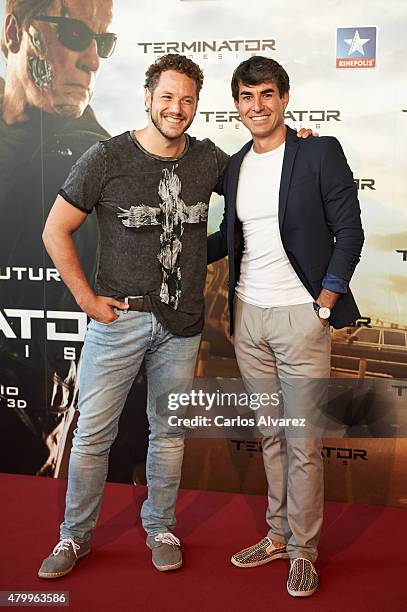 Spanish singer Daniel Diges and Spanish actor Daniel Muriel attend the "Terminator Genesis" premiere at the Kinepolis cinema on July 8, 2015 in...