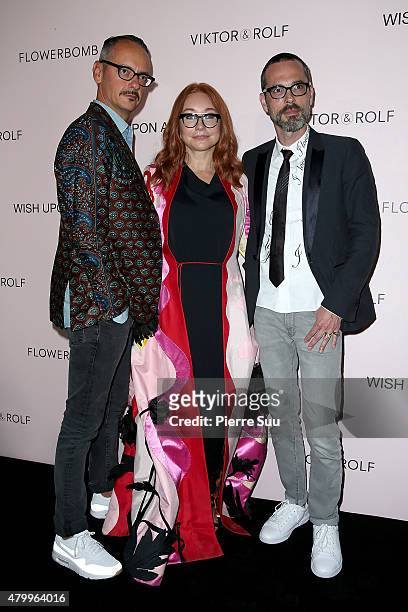 Viktor Horsting, Tori Amos and Rolf Snoeren attend the Viktor&Rolf FlowerBomb Fragrance 10th Anniversary Party as part of Paris Fashion Week Haute...