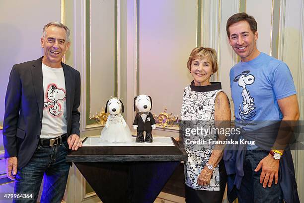 Steve Martino, Jeannie Schulz and Ralph Millero attend the Snoopy & Belle Vernissage at Mercedes-Benz Fashion Week Berlin Spring/Summer 2016 at...