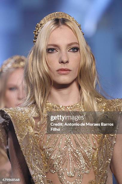 Model walks the runway during the Elie Saab show as part of Paris Fashion Week Haute Couture Fall/Winter 2015/2016 on July 8, 2015 in Paris, France.